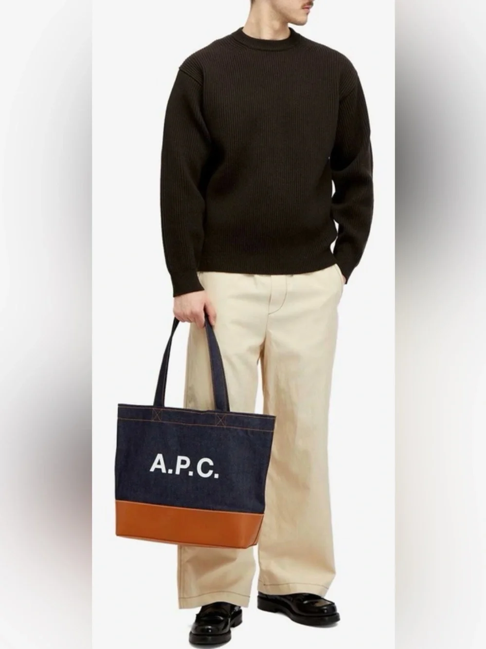 A.P.C. Navy Denim Tote with Brown Leather Base NWOT